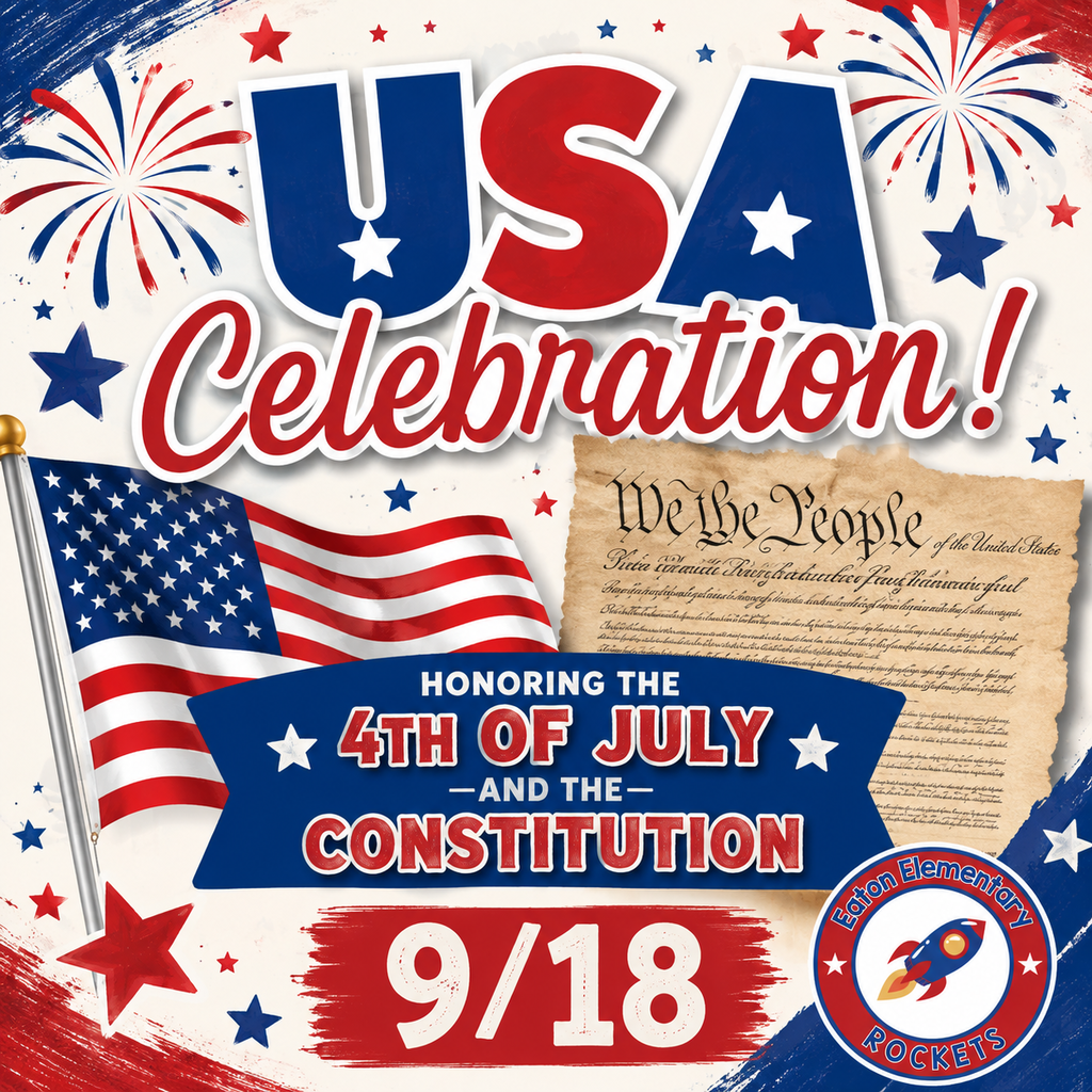An American flag, a document, stars, and fireworks on a white background. Text reads "USA Celebration! Honoring the 4th of July and the Constitution."