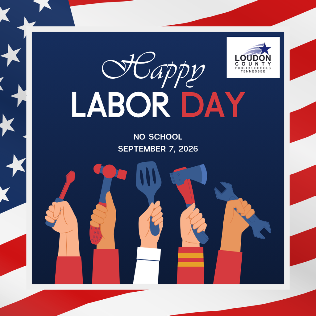 A poster for Labor Day on September 7, 2026, with hands holding tools. Blue background with USA flag.