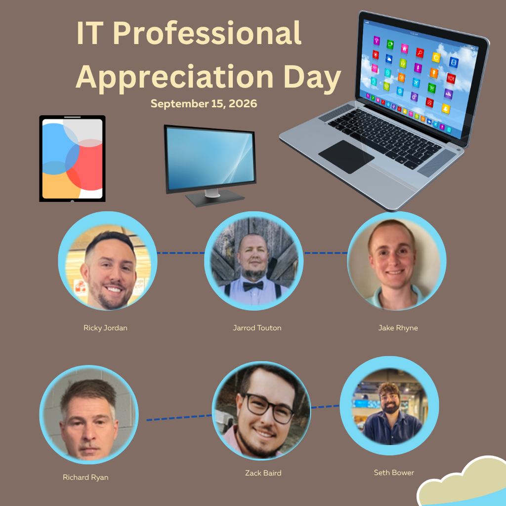 A poster featuring six male faces with names and a date: September 15, 2026. Icons of a laptop, tablet, and monitor.