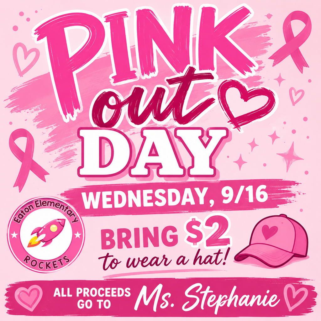 A pink background with text for Pink Out Day. It reads Wednesday, 9/16, Bring $2 to wear a hat.