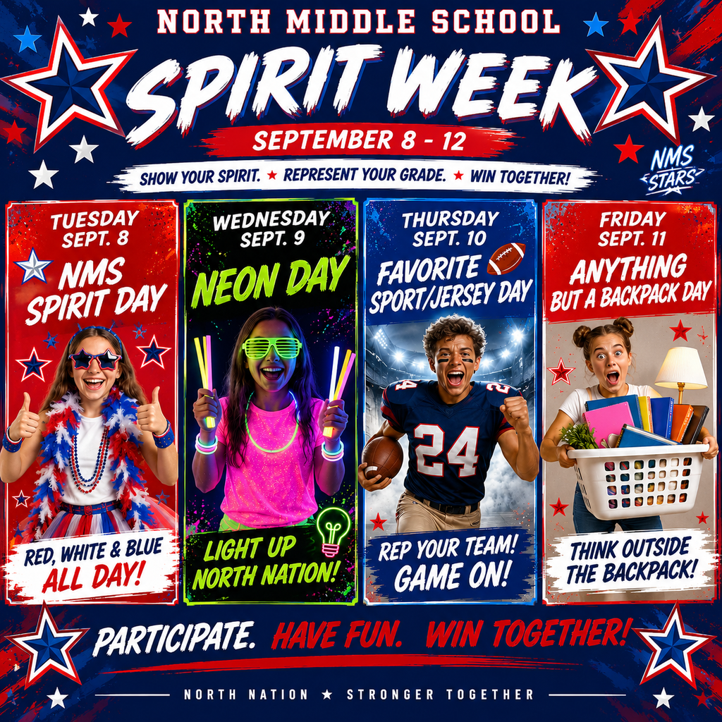 Banner for North Middle School Spirit Week, Sept. 8-12. Days include NMS Day, Neon Day, Favorite Jersey Day, Anything but a Backpack Day.