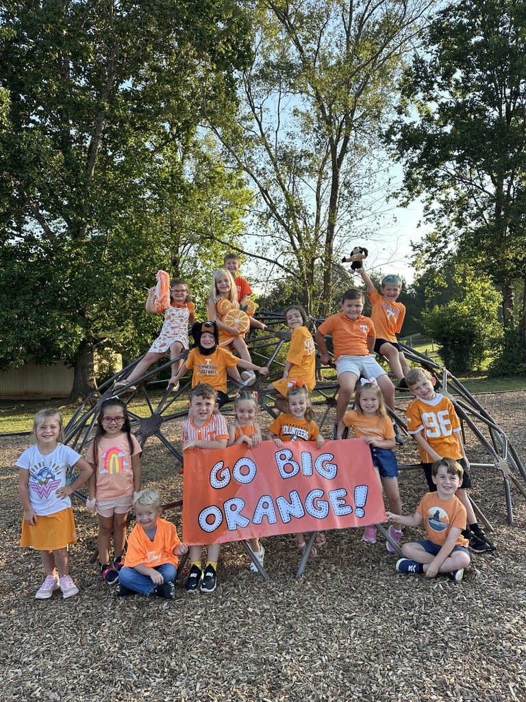 Children wearing orange shirts and shorts pose with a banner that reads "GO BIG ORANGE!" in front of a playground.