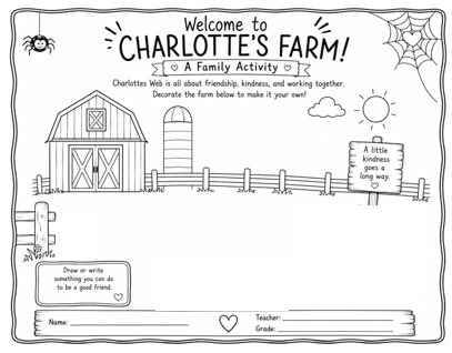 Drawing of a barn, fence, and spider web with a text that reads "Welcome to Charlotte's Farm."