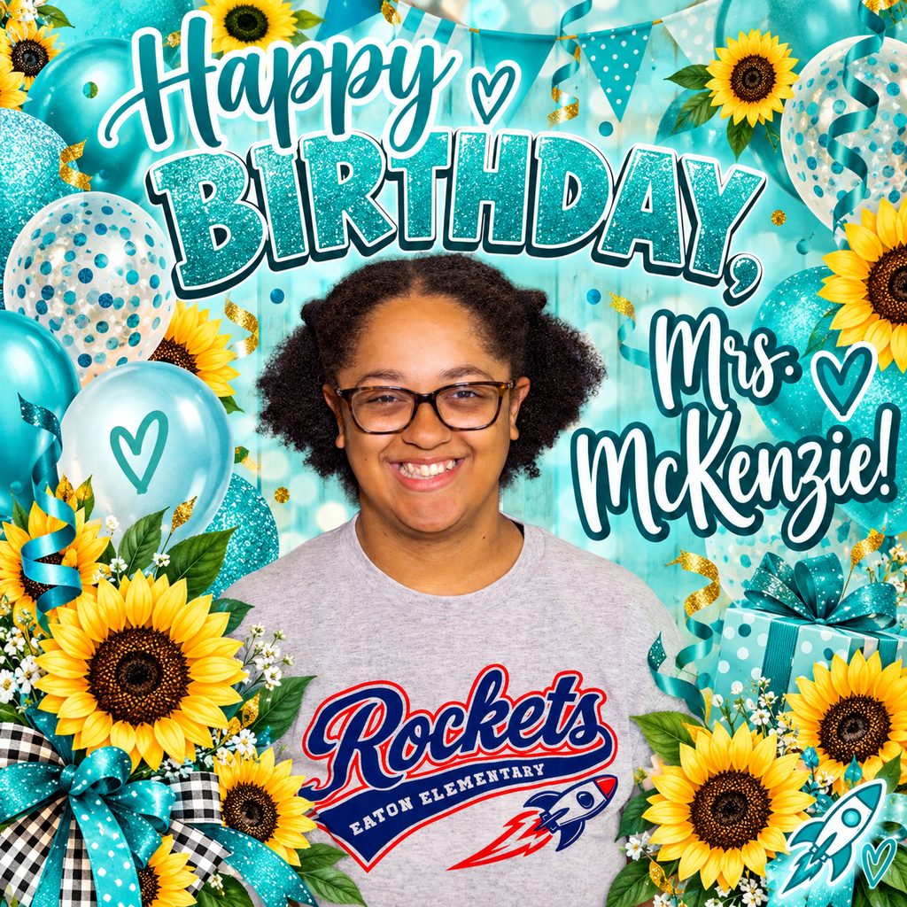 A birthday celebration backdrop features balloons, flowers, and a rocket. A smiling adult stands in front, wearing glasses and a gray Rockets T-shirt.