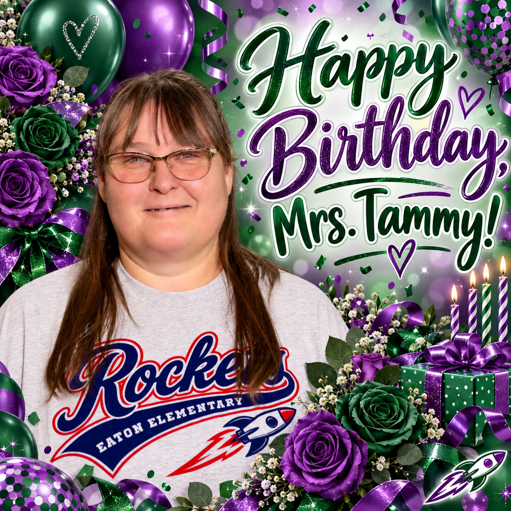 A woman wearing glasses and a white shirt with text stands before a purple and green floral backdrop.