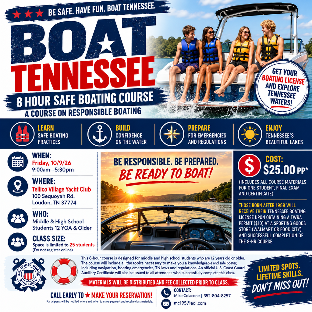 Promotional flyer for Boat Tennessee, showing a boat with people in life vests. Details include course times and cost.