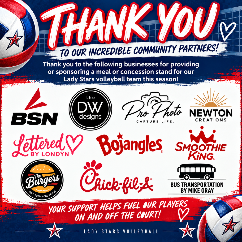 A promotional poster with logos, "Thank You to Our Incredible Community Partners!" A volleyball with stars.