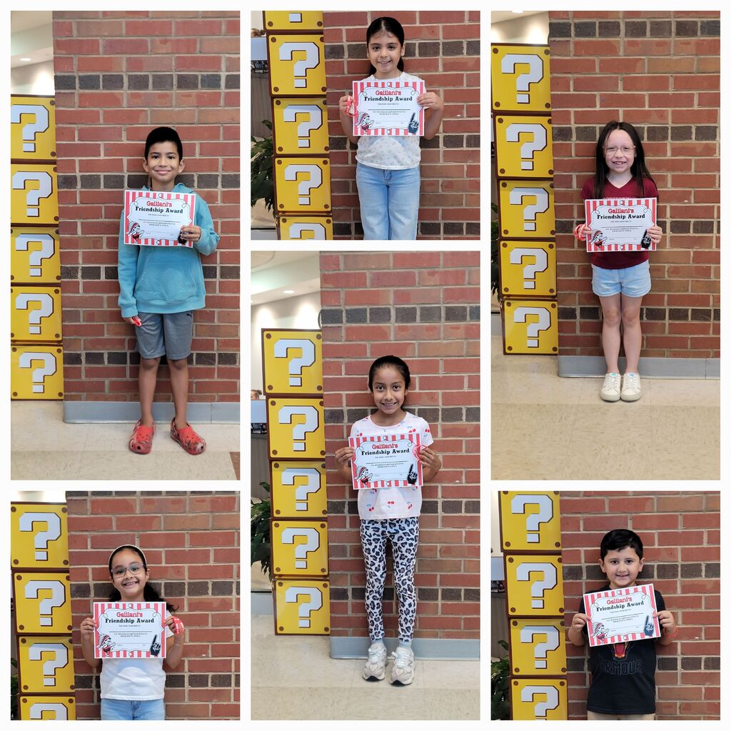 Collage of children with certificates in front of yellow question marks on brick wall.
