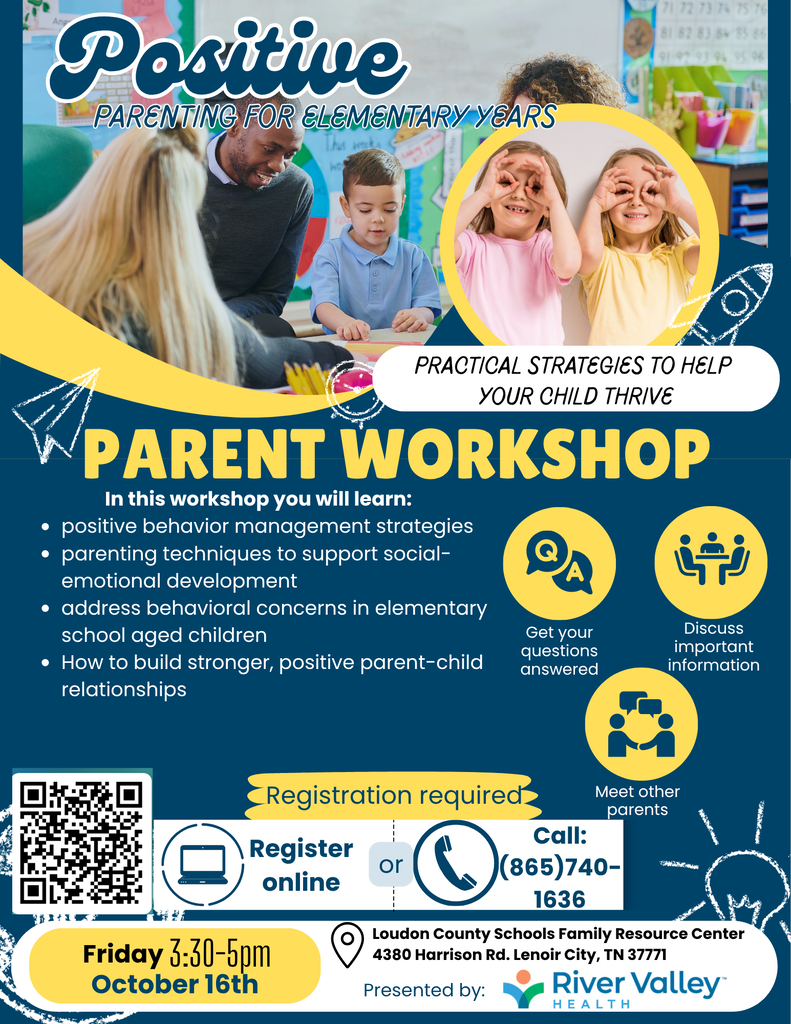 Poster with a blue and yellow background. It includes images of a parent and child. The poster provides details about the event.