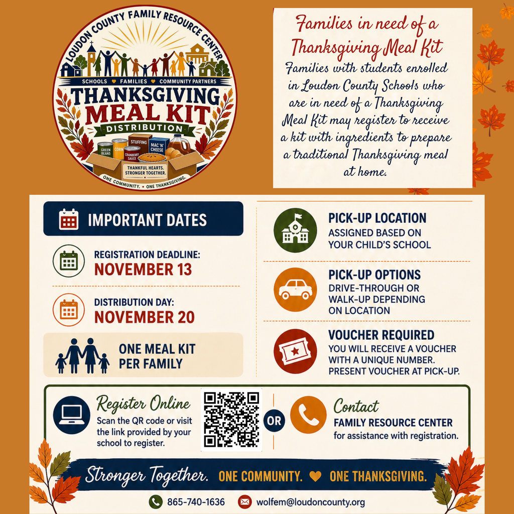 Flyer with logo, dates, pick-up options, and registration instructions for a Thanksgiving meal kit for families.
