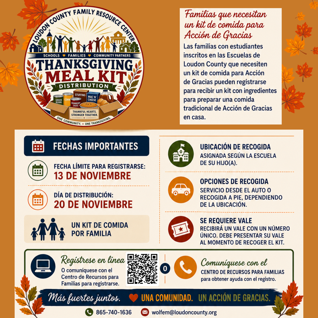 An informational flyer displays important dates and details for a Thanksgiving meal kit distribution, featuring icons and QR code.