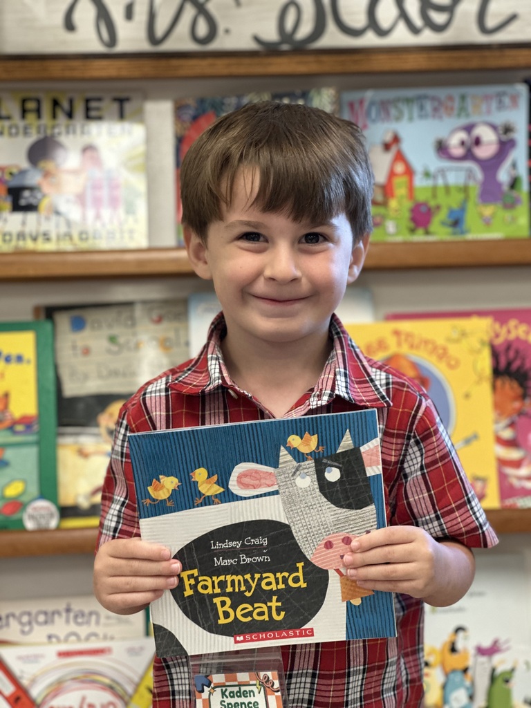 A child in a red and white checked shirt holds a book with a cow cover. The shelves behind are full of colorful children's books.