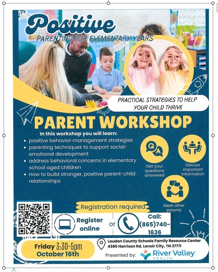 A flyer with a blue and yellow background shows parents and children. The flyer is titled "Positive Parenting for Elementary Years."