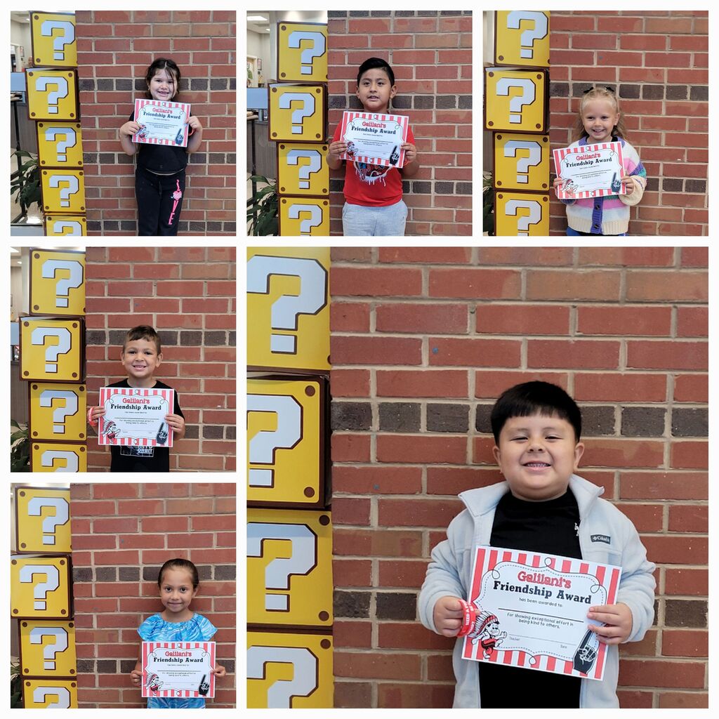 A collage of children holding certificates against a brick wall with large yellow question marks.