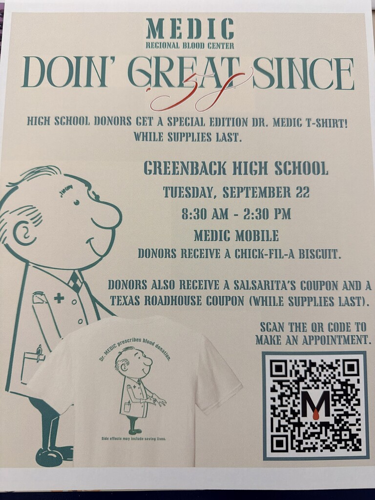 A poster with a cartoon doctor holding a folder. Text reads "Medic Regional Blood Center doing great since." QR code is at bottom right.