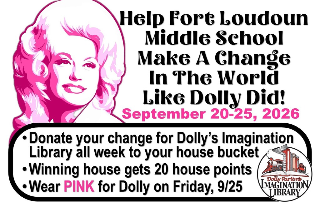 Advertisement for Fort Loudoun Middle School featuring pink-haired woman, dates, and donation info for Dolly's Imagination Library.