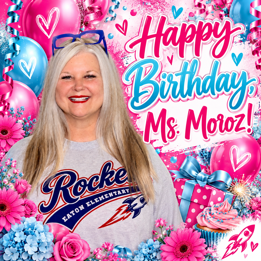 Woman wearing a shirt that says "Rockets" with colorful balloons, flowers, and a cupcake in the background.