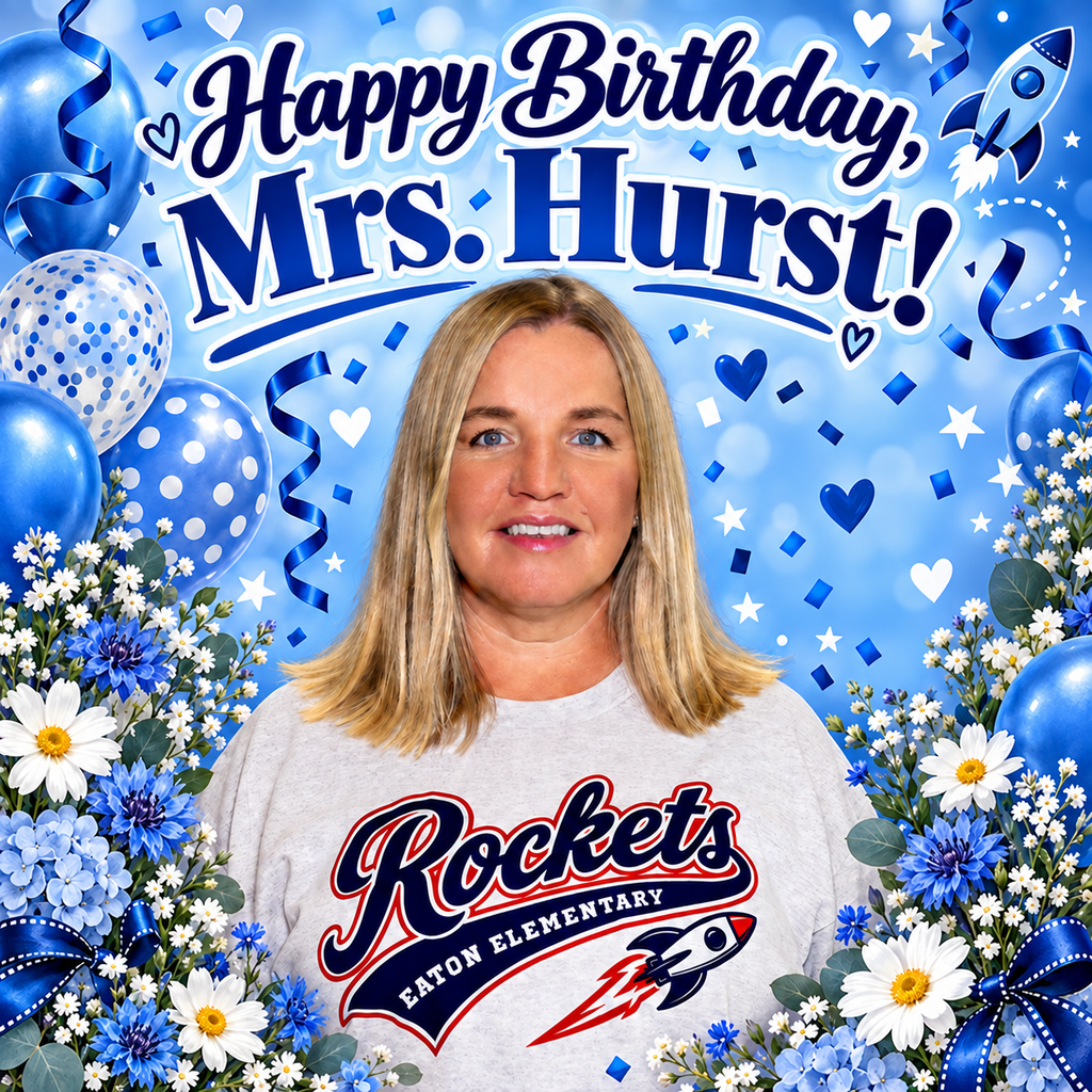 A smiling woman stands with flowers, balloons, and stars. She wears a white "Rockets" shirt.