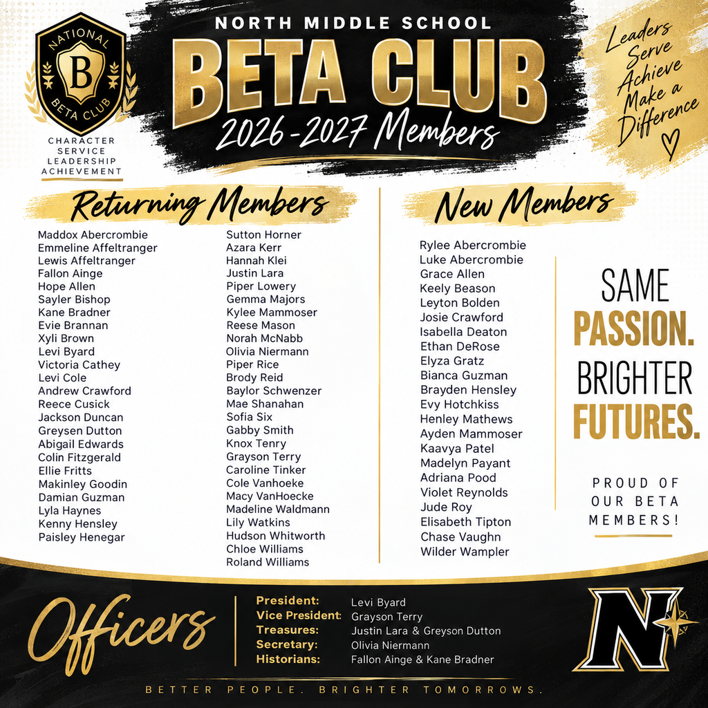 A black and gold poster lists the 2026-2027 Beta Club members at North Middle School, including returning members, new members, and officers.
