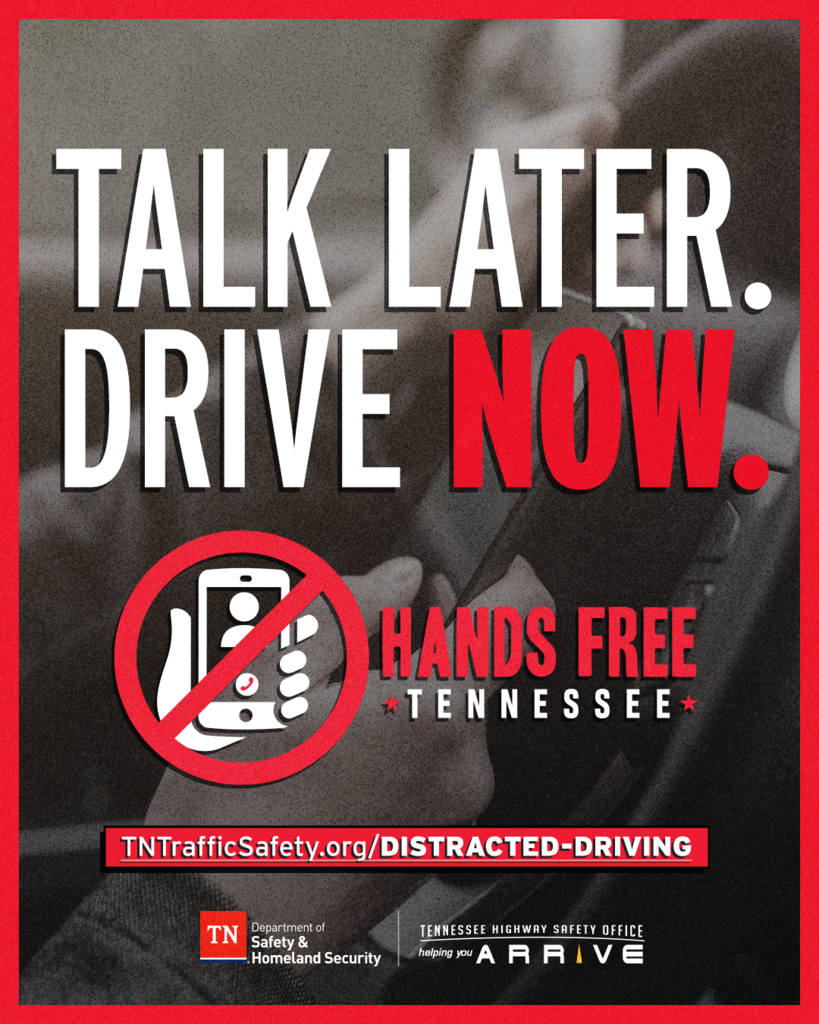 An advertisement against distracted driving. It has a hand holding a phone, crossed out, with "Talk Later. Drive Now." in red text.