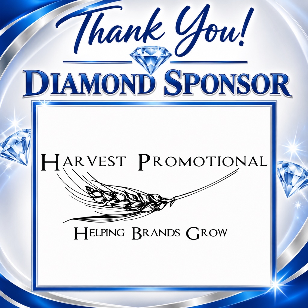 Blue and silver badge with "Thank You! Diamond Sponsor" text. Below, an image of wheat and "Harvest Promotional Helping Brands Grow".