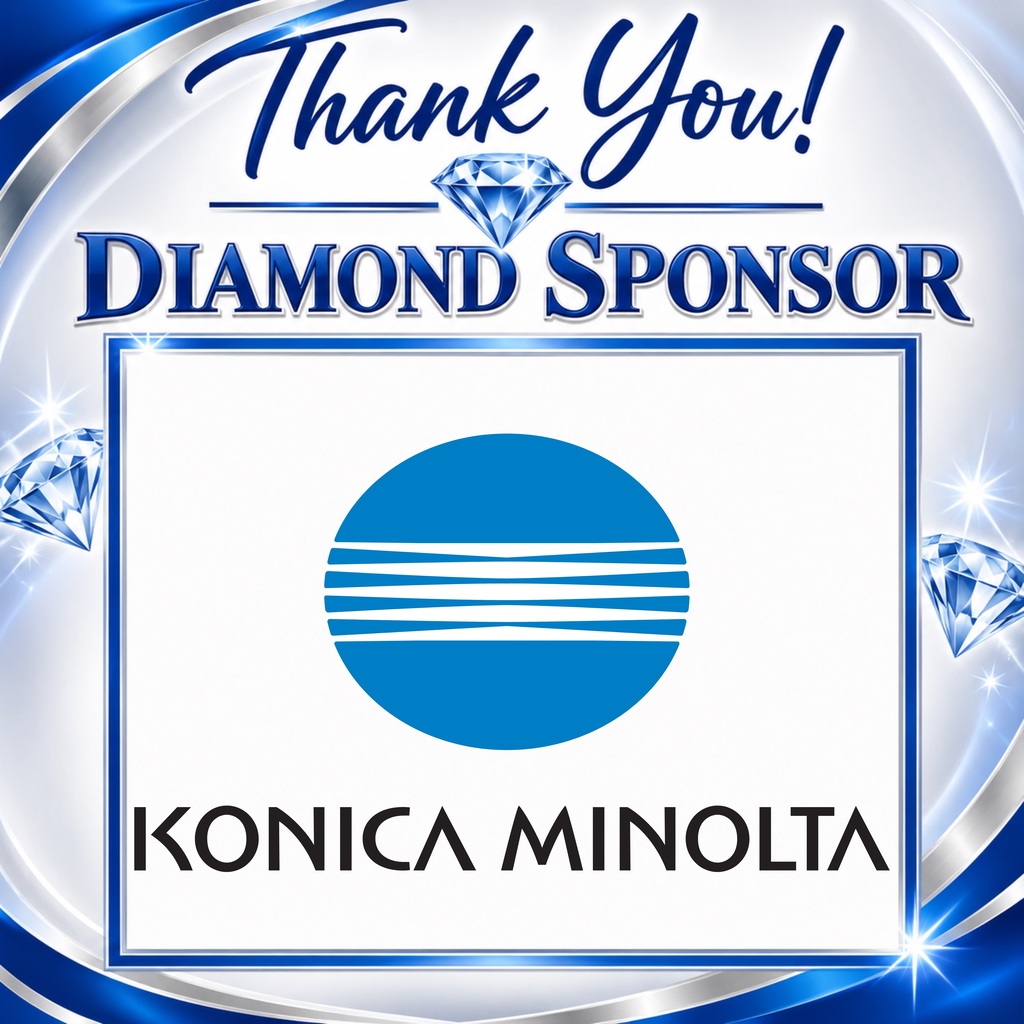 A badge with the words "Thank You! Diamond Sponsor" and a logo for Konica Minolta, featuring blue and white colors with a diamond design.