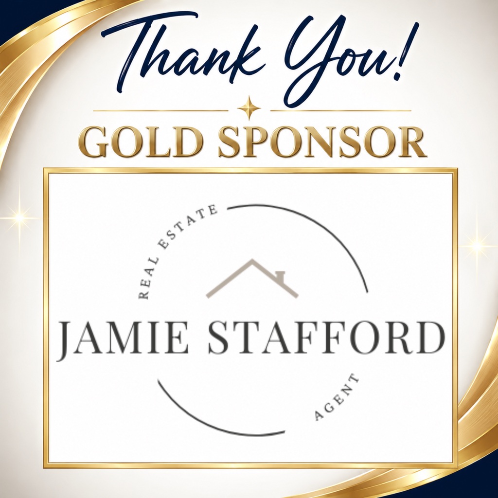 White banner with gold trim. "Thank You! GOLD SPONSOR" in blue. Logo with Jamie Stafford, Real Estate Agent, and a house icon.