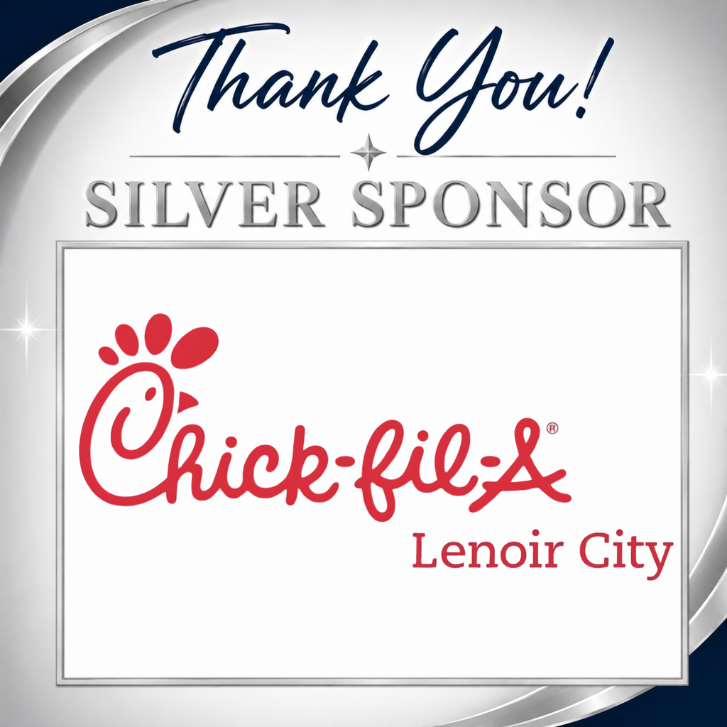 A white background displays a logo and text. "Thank You! SILVER SPONSOR" is above. Below, "Chick-fil-A Lenoir City" logo features a red chicken foot.