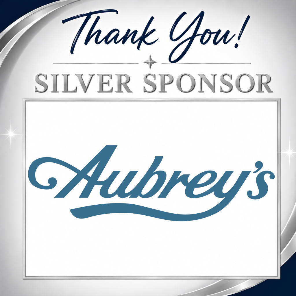 White background with blue text. "Thank You! SILVER SPONSOR Aubrey's" at the top. "Aubrey's" logo in blue cursive font below.