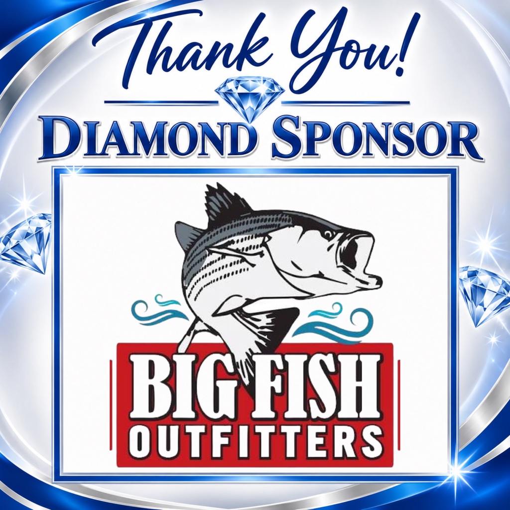 Logo features a fish jumping out of water, with "Thank You! DIAMOND SPONSOR" and "BIGFISH OUTFITTERS" text on a blue background.