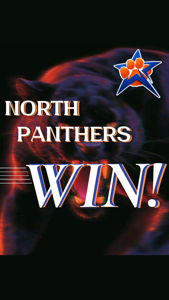 An image features a graphic of a black panther with a logo in blue, yellow, and red above. Text reads "North Panthers WIN!"