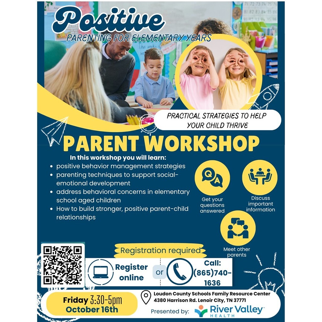A flyer with a colorful background shows a workshop titled "Positive Parent Workshop" for parents of elementary students.