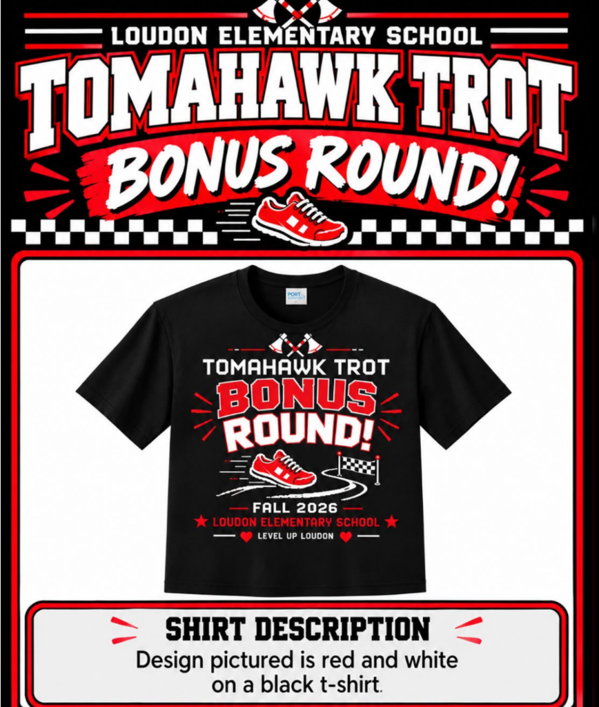 A black t-shirt with white design. It says "TOMAHHAWK TROT BONUS ROUND!" with red sneakers and checkered background.