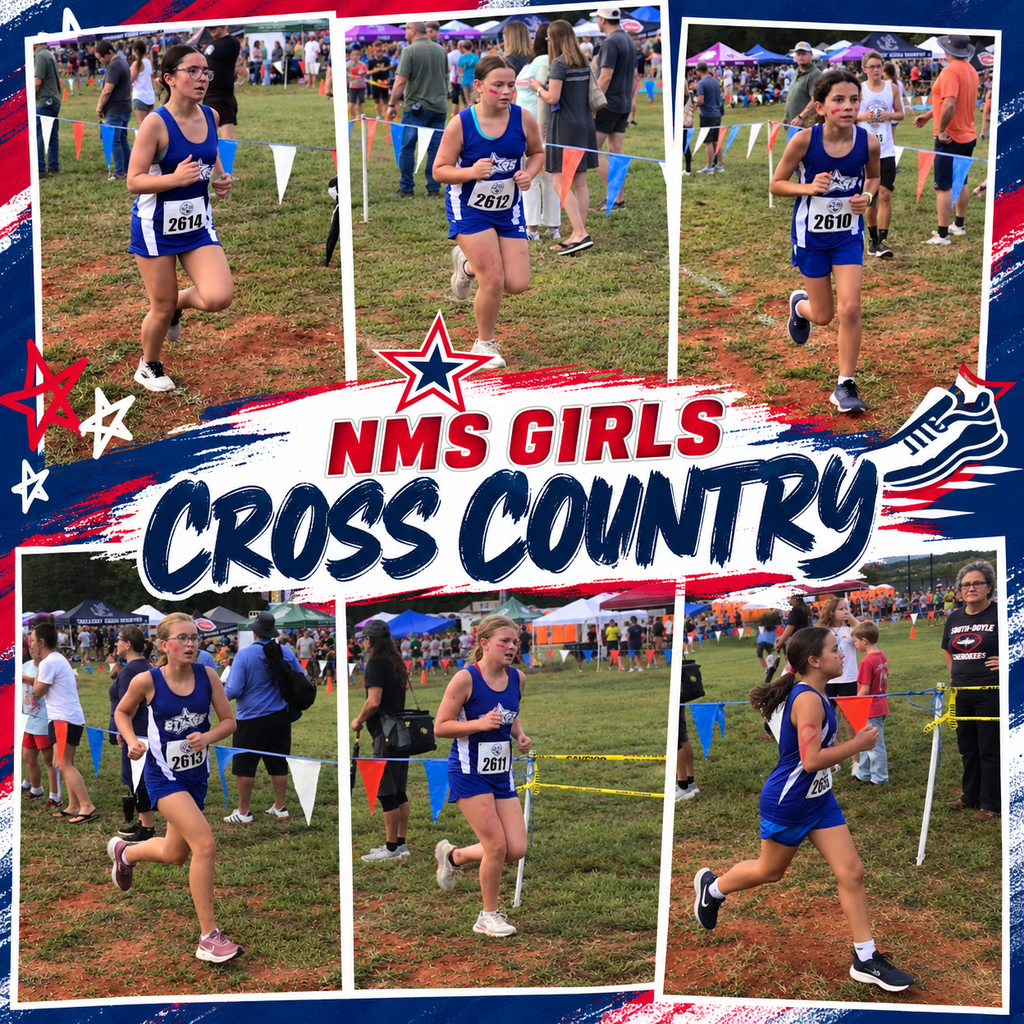 Collage of female runners in blue uniforms on grassy terrain. Words "NMS GIRLS CROSS COUNTRY" are centered.