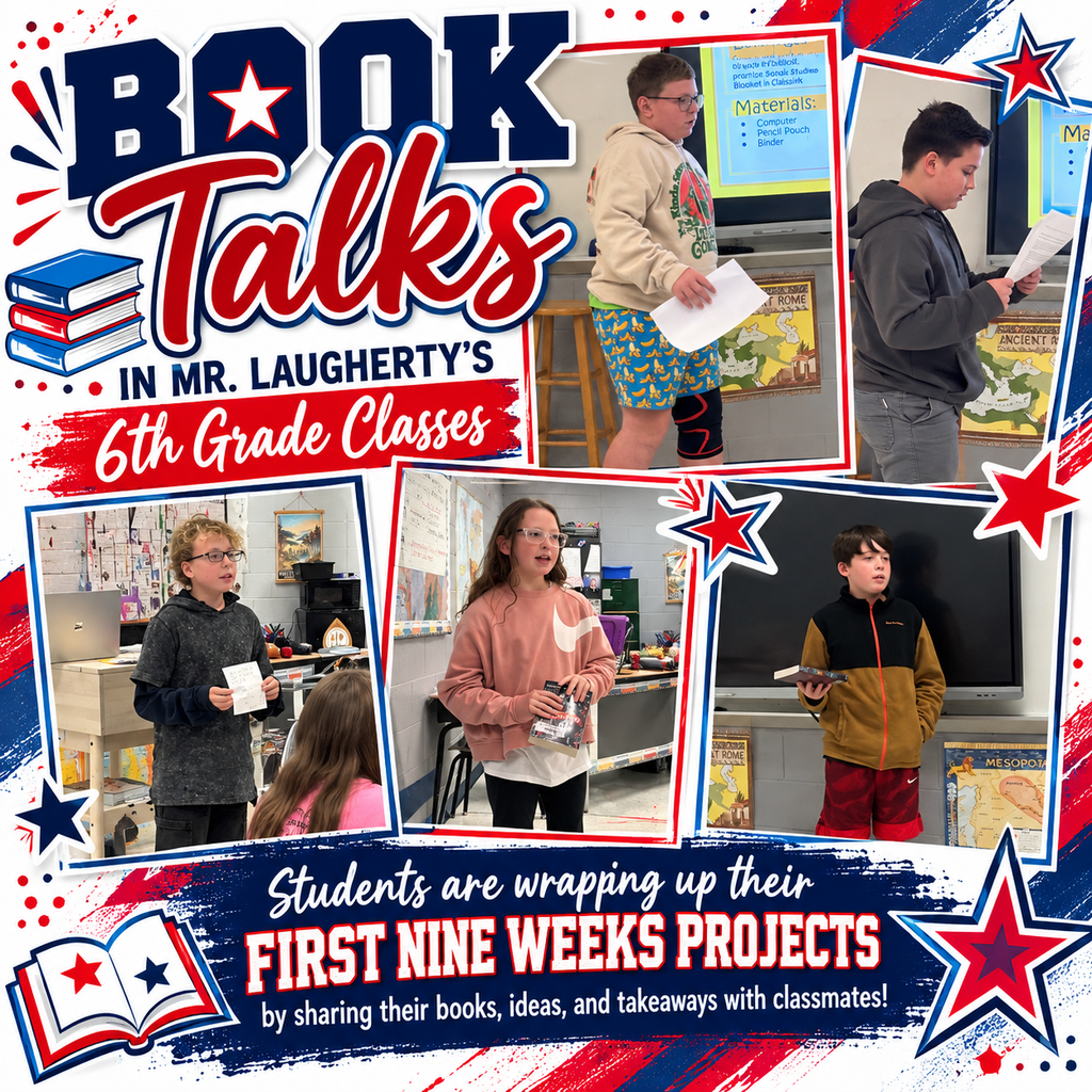 Collage of students presenting books, surrounded by stars and text about wrapping up projects.