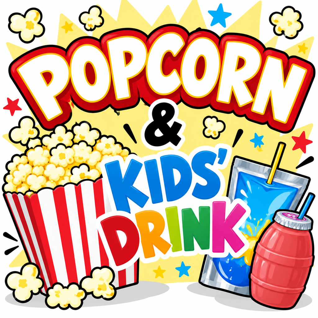 Graphic showing a popcorn box, a drink bottle, and a straw. Text reads "POPCORN & KIDS' DRINK".