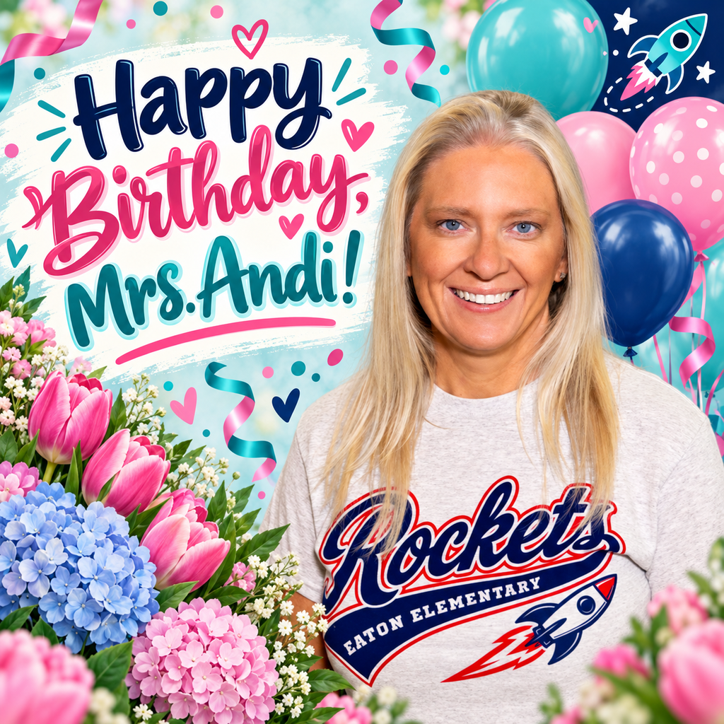 A woman with blonde hair smiles in a garden of flowers. She wears a gray shirt with "Rockets" and a blue rocket.