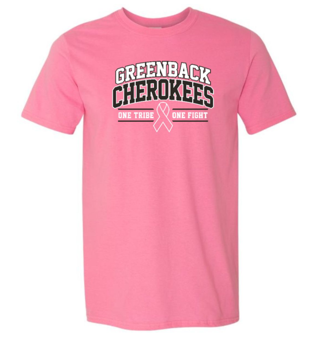 A pink t-shirt displays "Greenback Cherokees" in white letters. Below it is a pink ribbon with the text "ONE TRIBE ONE FIGHT".