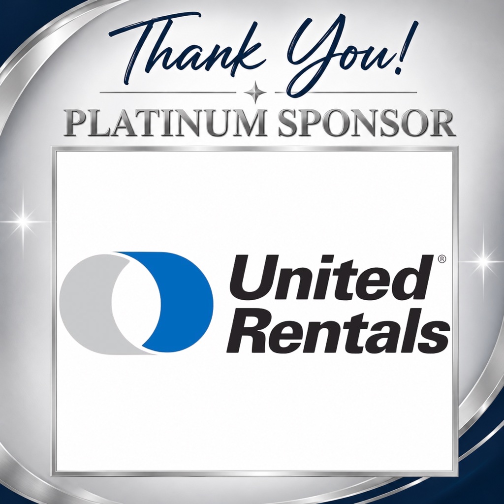 Silver award emblem with text: "Thank You! PLATINUM SPONSOR" and the United Rentals logo, blue and white.