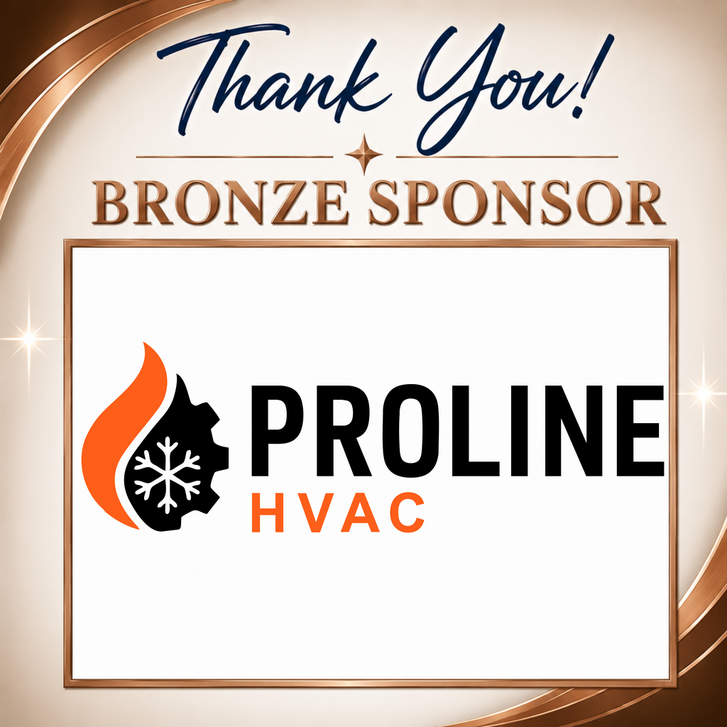 A thank you message with "Bronze Sponsor" text and the logo for Proline HVAC, featuring a flame and snowflake on a golden border.