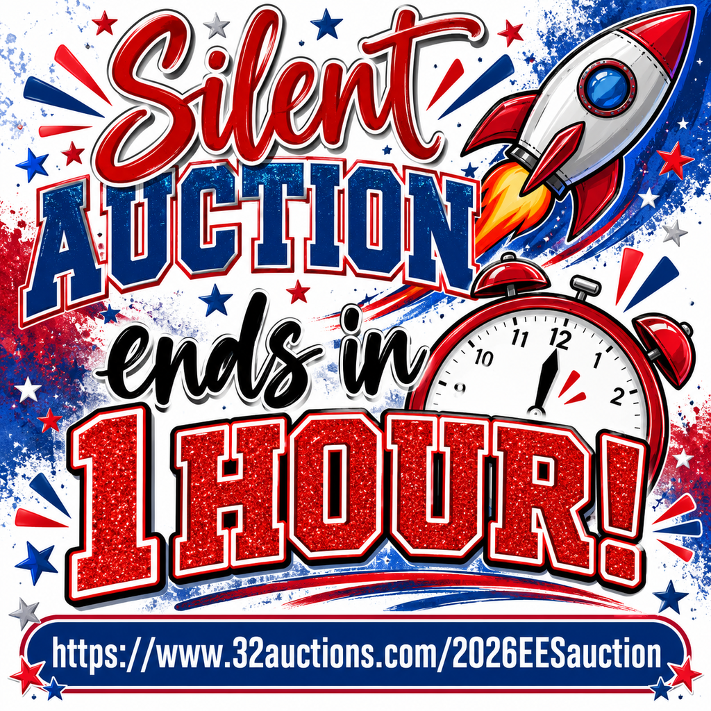 A vibrant, star-spangled poster announces a silent auction ending in one hour, with a rocket and alarm clock.