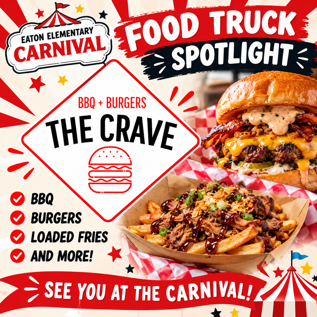 An event flyer displays a burger with fries, highlighting BBQ, burgers, loaded fries, and more.
