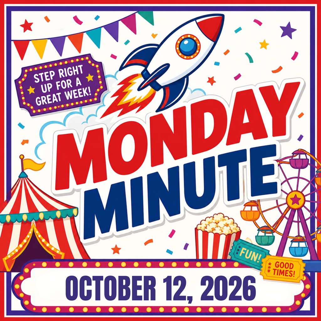 Bright, colorful poster. A rocket, popcorn, and a Ferris wheel. "Monday Minute" in bold letters. Date: October 12, 2026.