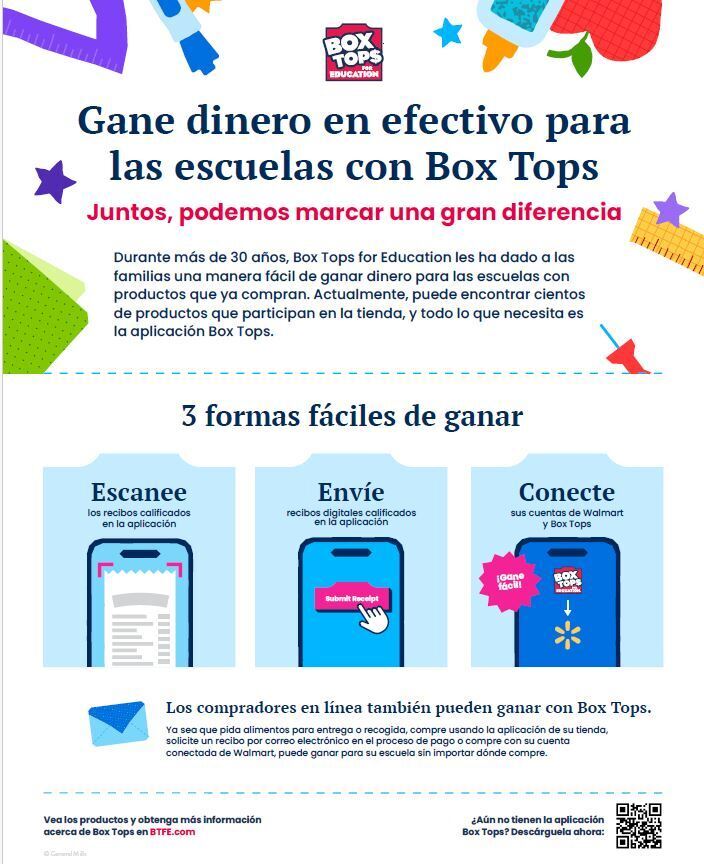 Poster with colorful designs promotes "Box Tops for Education". It includes three ways to earn money: "Escanee", "Envía", "Conecta", and a brief description.