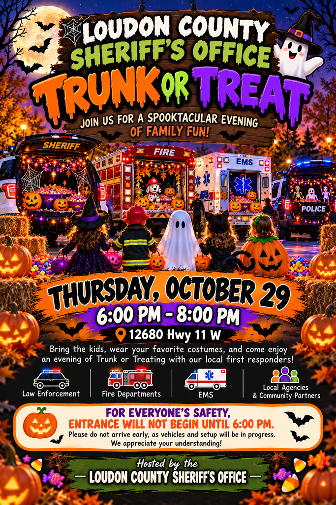 An event poster for "Loudon County Sheriff's Office Trunk or Treat" featuring decorated vehicles, pumpkins, and a Halloween theme.