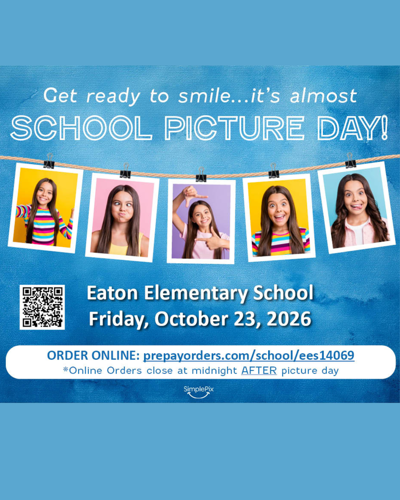 Poster with multiple photos of children hanging on a string. Text reads, "Get ready to smile...it's almost SCHOOL PICTURE DAY!"