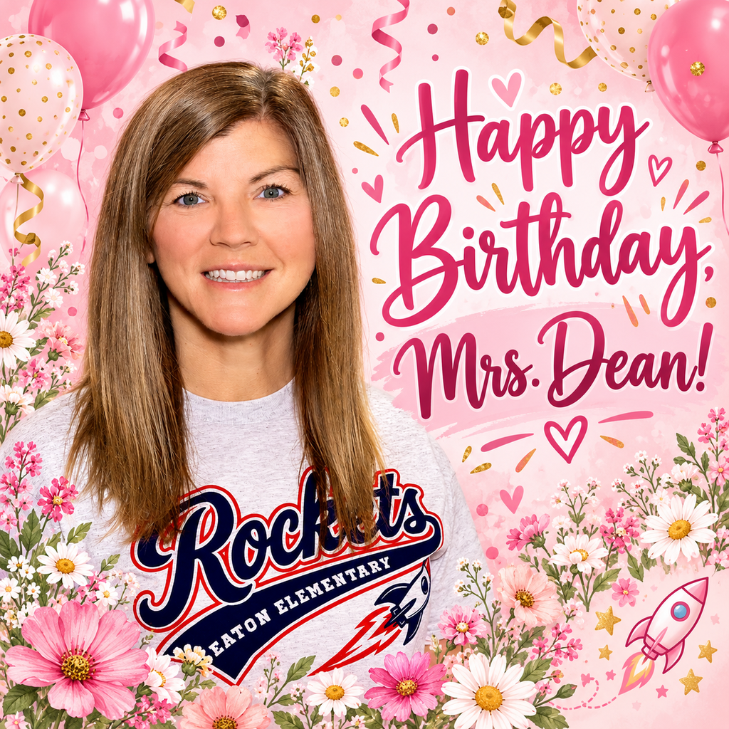 A woman smiling, wearing a white "Rockets" shirt. Pink flowers, balloons, and a pink background. "Happy Birthday, Mrs. Dean!" text.