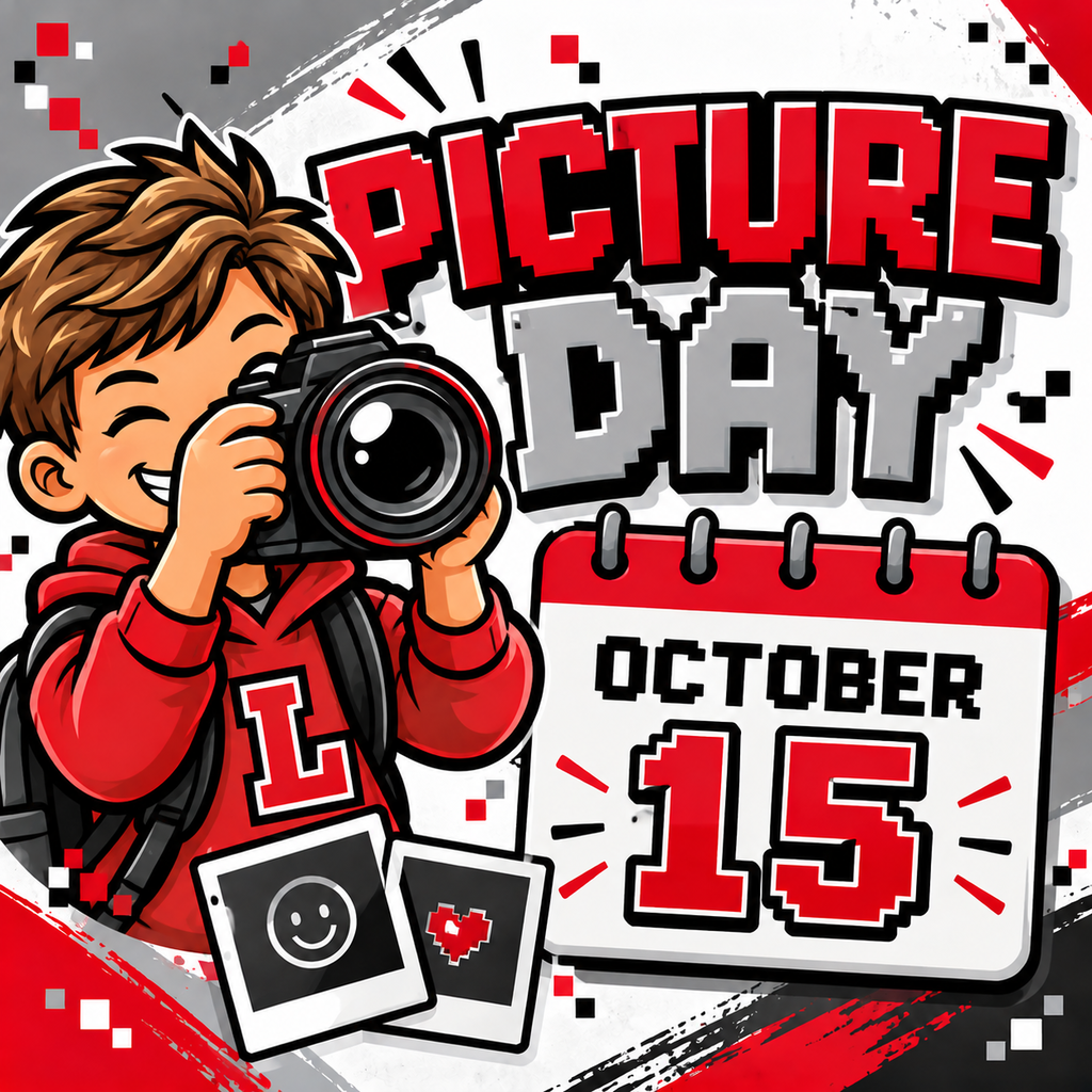 Digital artwork featuring a boy holding a camera. Text reads "PICTURE DAY OCTOBER 15" and features a calendar with the date.