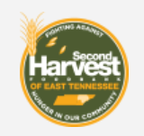 Green and orange circular logo with text "Second Harvest of East Tennessee". Yellow wheat on left. Wheat map on right.