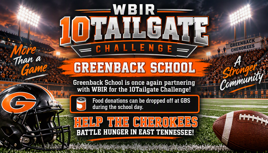 Football helmet and ball on a football field. Bright lights and crowd in background. Text: WBIR 10 Tailgate Challenge.